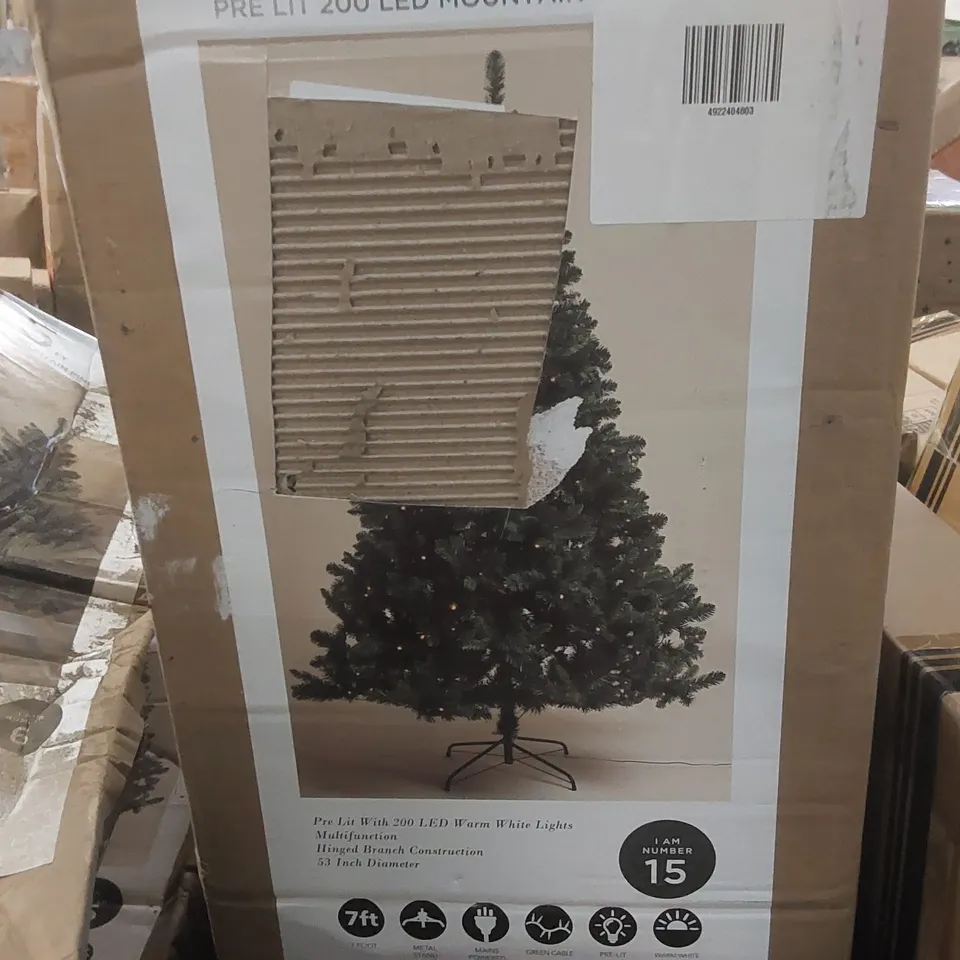 BOXED 7FT PRE LIT 200 LED ARTIFICIAL MOUNTAIN PINE CHRISTMAS TREE 