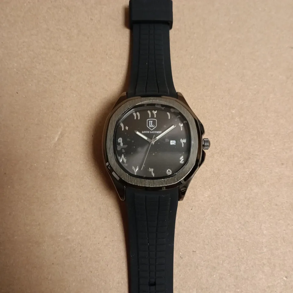 BOXED LOUIS LACOMBE BLACK DIAL WRISTWATCH WITH RUBBER STRAP