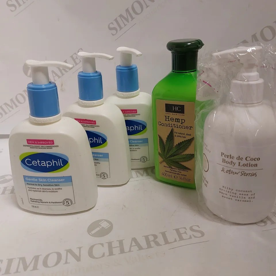 LOT OF 5 COSMETICS INCLUDING PERLE DE COCO BODY LOTION, 3 CETAPHIL SKIN CLEANERS, HC HEMP CONDITIONER