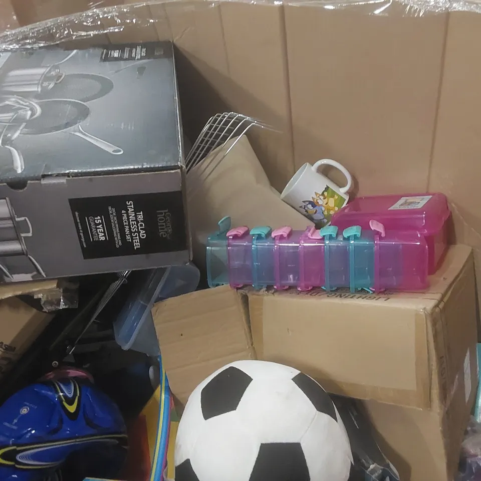 PALLET CONTAINING A VERY LARGE QUANTITY OF ASSORTED CONSUMER PRODUCTS INCLUDING: TABLE LAMP, KIDS TOYS, MUG, RAKE ECT