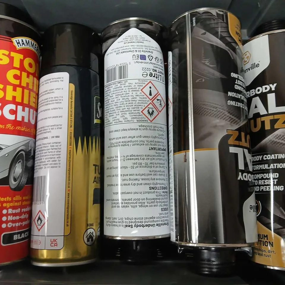 APPROXIMATELY 9 ASSORTED AEROSOLS TO INCLUDE SAVEREIGN TURBOJET AIR SANITISER, GRANVILLE UNDERBODY SEAL, HAMMERITE STONE CHIP SHIELD, ETC- COLLECTION ONLY