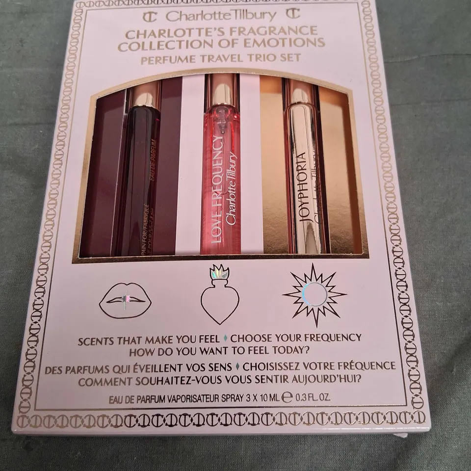 BOXED CHARLOTTE TILBURY CHARLOTTE'S FRAGRANCE COLLECTION OF EMOTIONS PERFUME TRAVEL TRIO SET 