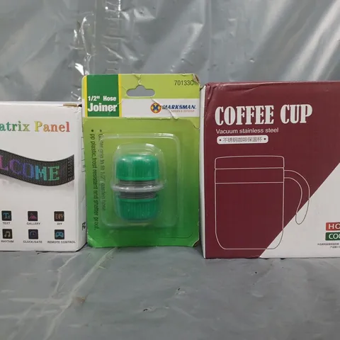 APPROXIMATELY 18 ASSORTED HOUSEHOLD ITEMS TO INCLUDE VACUUM STAINLESS STEEL COFFEE CUP, HOSE JOINER, LED MATRIX PANEL, ETC