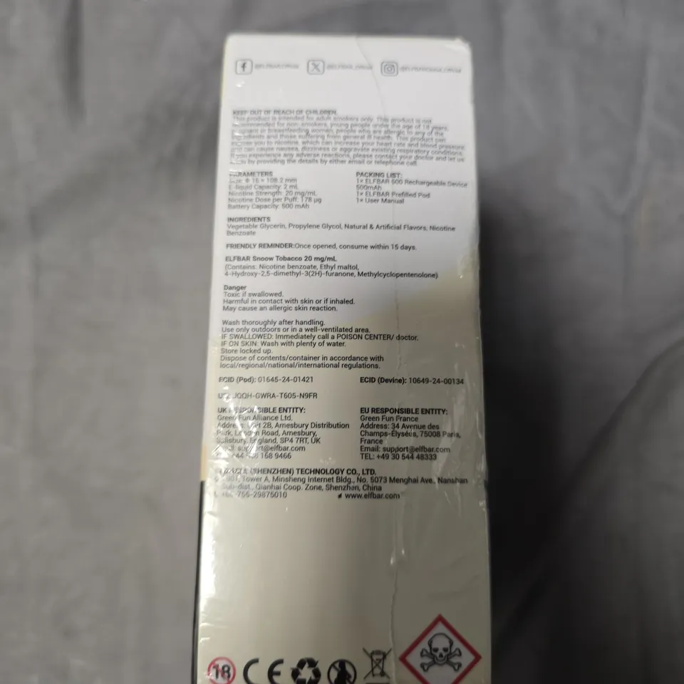 SEALED ELF BAR 600 PREFILLED POD KIT SNOW TOBACCO – 20 MG/ML NICOTINE