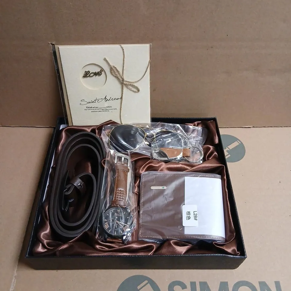 SAINT ANDREWS GIFT SET: WRISTWATCH WITH BROWN LEATHER STRAP, SUNGLASSES, BELT & WALLET