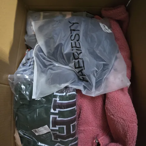 LARGE BOX OF ASSORTED CLOTHING ITEMS IN VARIOUS SIZES, STYLES AND COLOUR 