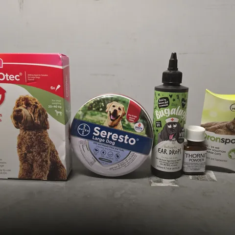 BOX OF APPROXIMATELY 15 ASSORTED PET ITEMS TO INCLUDE - SERESTO LARGE DOG , BUGALUGS EAR DROPS , BEAPHAR FIPROTEC ETC