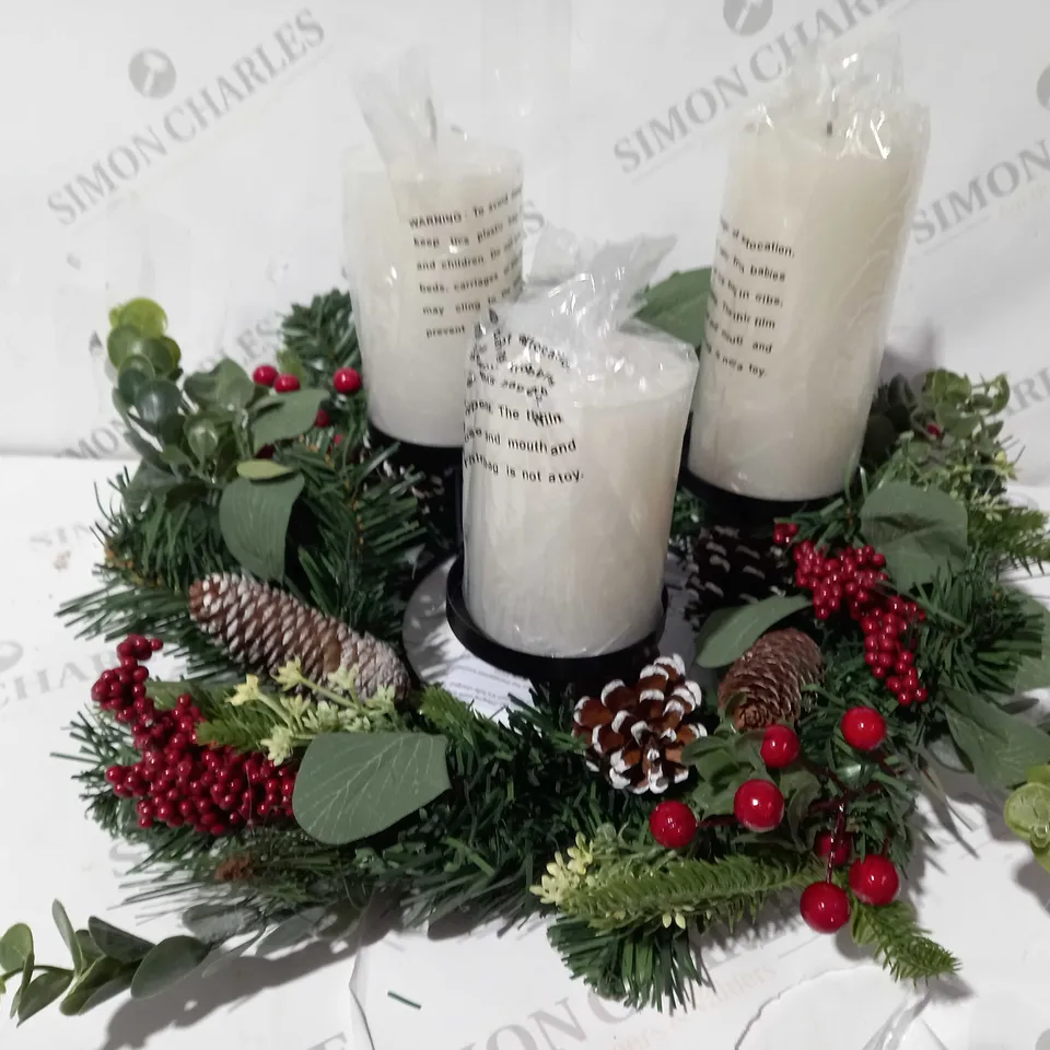 HOME REFLECTIONS 3 IN 1 FLAMELESS CANDLE WITH WREATH SET RED BERRY