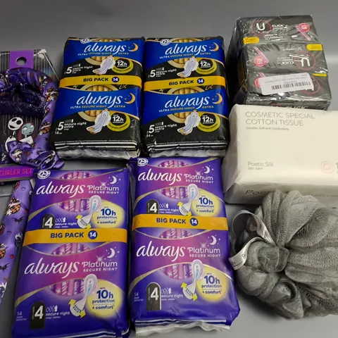 LOT OF 12 ASSORTED HEALTH AND BEAUTY ITEMS TO INCLUDE ALWAYS PADS, HEATLERSS CURLER SET AND COTTON TISSUES