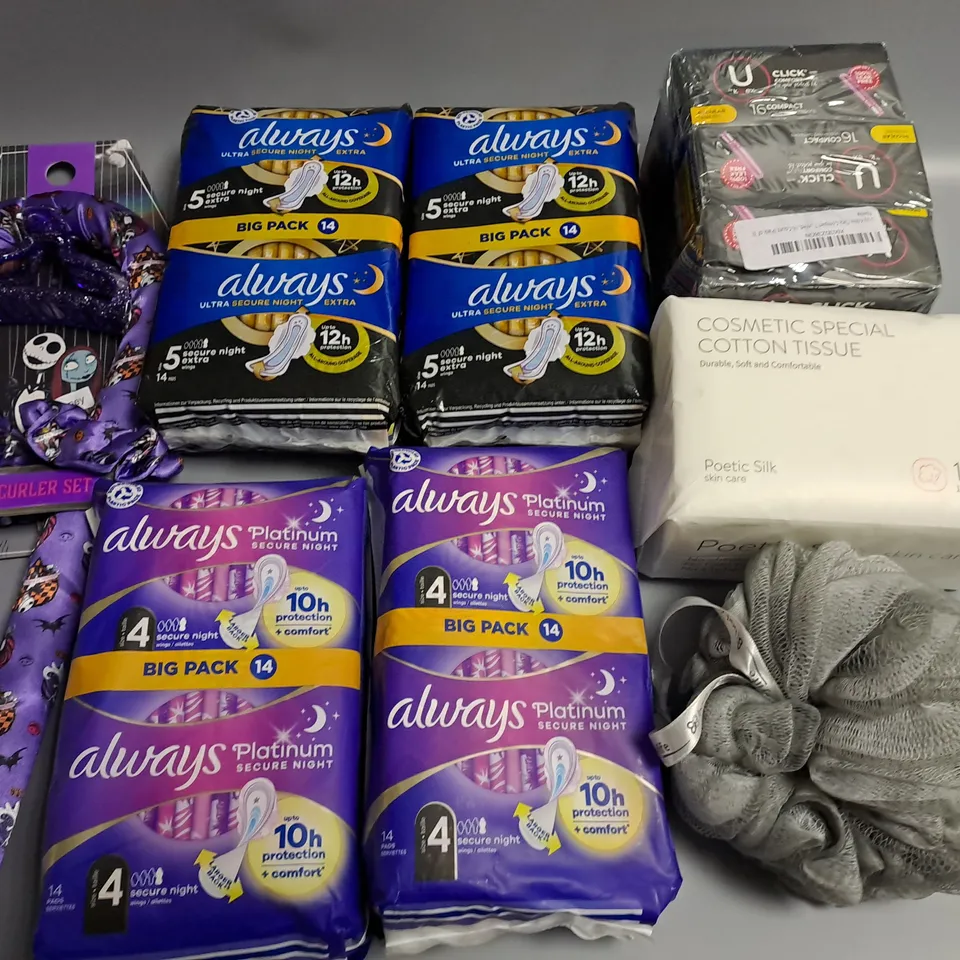 LOT OF 12 ASSORTED HEALTH AND BEAUTY ITEMS TO INCLUDE ALWAYS PADS, HEATLERSS CURLER SET AND COTTON TISSUES