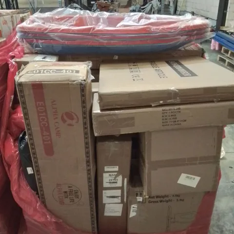 PALLET CONTAINING VARIOUS ASSORTED BOXED HOUSEHOLD ITEMS TO INCLUDE: SNOW SLEDS, FOLDABLE EXERCISE BIKE, BATHROOM MIRROR, TOILET SEAT AID AND LOTS MORE UNMARKED BOXED ITEMS 