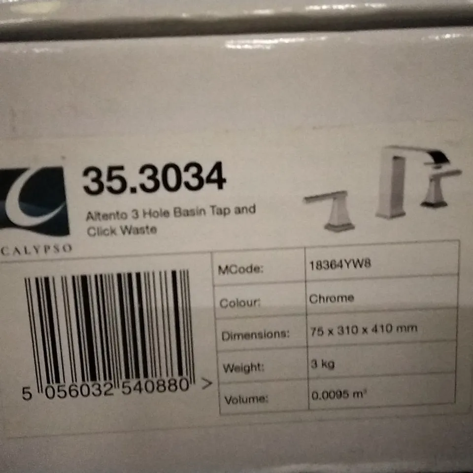 BOXED AS NEW CALYPSO ALTENTO 3-HOLE BASIN TAP AND CLICK WASTE IN CHROME