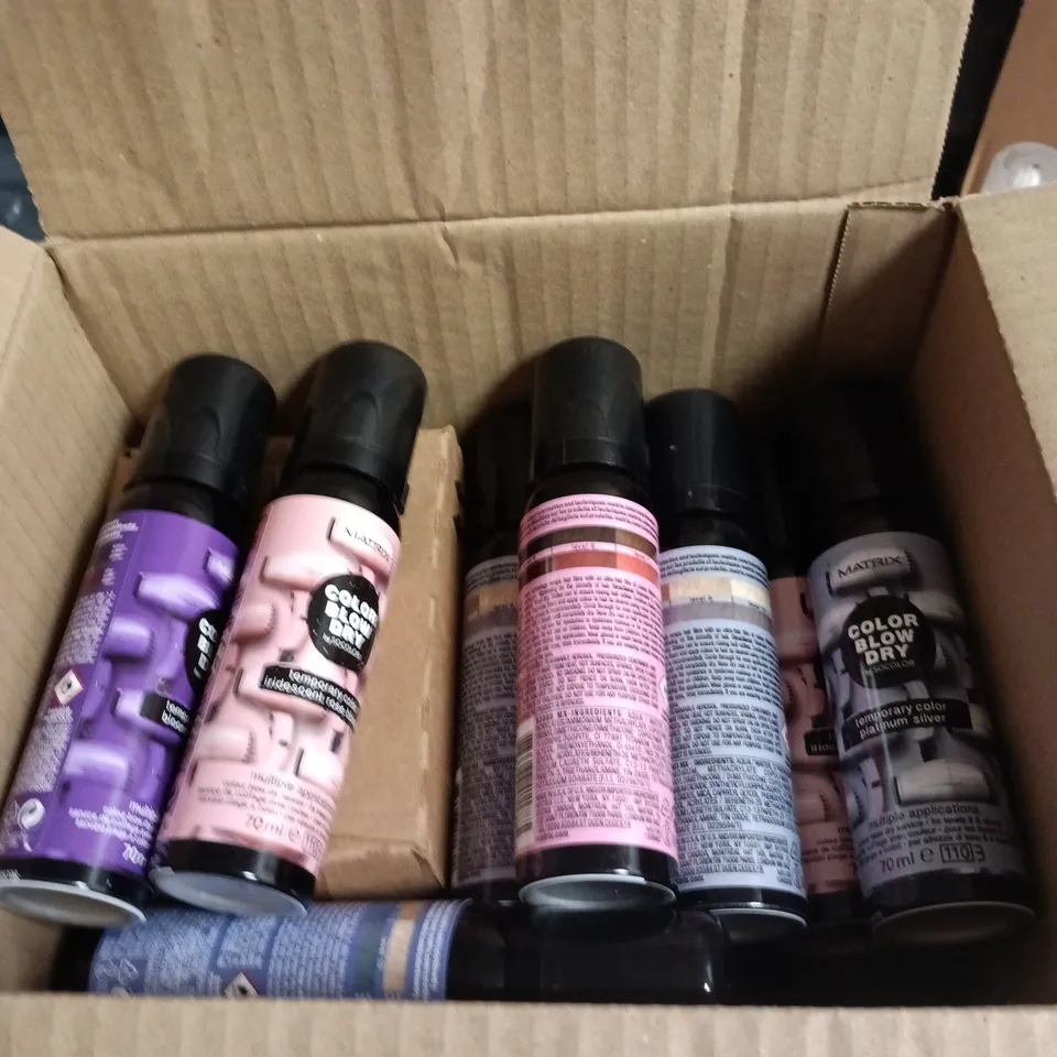 BOX OF APPROXIMATELY 30 MATRIX HAIRCARE PRODUCTS TO INCLUDE BRASS OFF PROTECTING CREAMS, TEMPORARY COLOUR SPRAYS AND VOLUME BOOSTERS