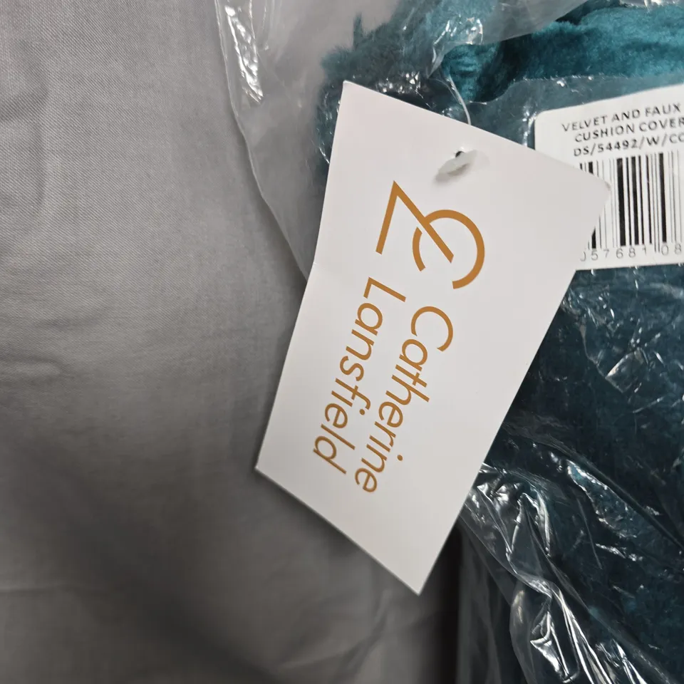 CATHERINE LANSFIELD VELVET & FAUX FUR CUSHION – TEAL, 55X55CM