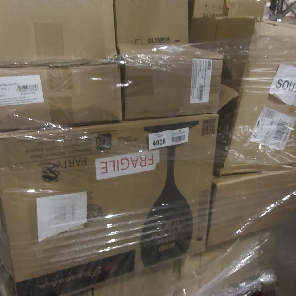 PALLET CONTAINING CATERING ITEMS AND PRODUCTS SUCH AS;OLYMPIA GLASS JUGS 1L,OLYMPIA NARROW RIMMED PLATES,PASABAHCE GOBLET GLASSES