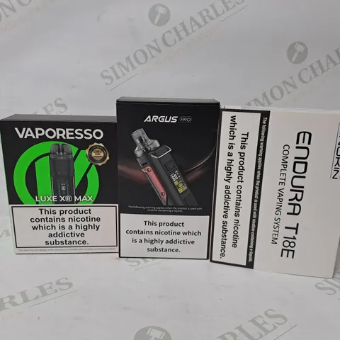 APPROXIMATELY 10 ASSORTED E-CIGARETTE PRODUCTS TO INCLUDE VOOPOO DRAG X, INNOKIN ENDURA T18E, VAPORESSO LUXE XR MAX