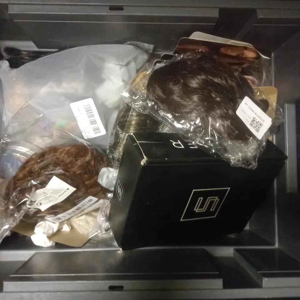 APPROXIMATELY 15 ASSORTED HAIR CARE PRODUCTS TO INCLUDE - WIGS - HAIR PIECES - SCRUNCHIES - ETC 