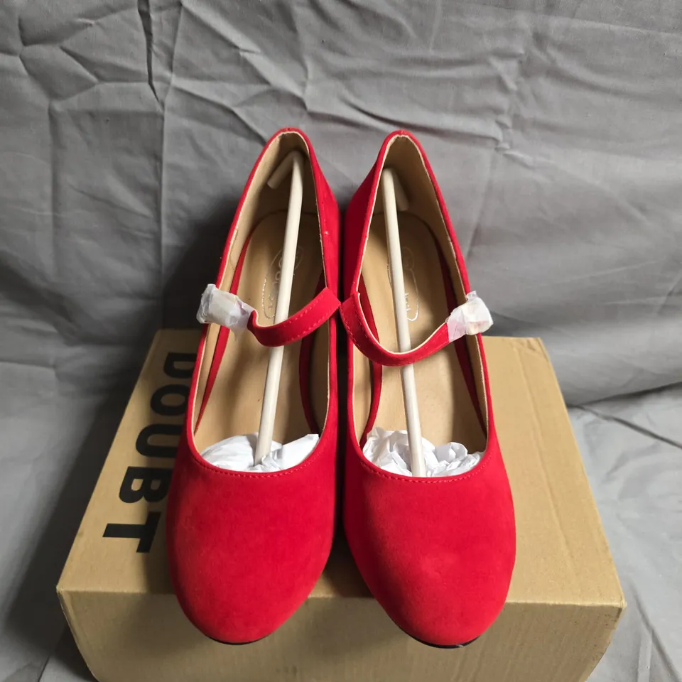 RED SUEDE MARY JANE HEELS, WOMEN'S, UK5 (EU38/US7) – BOXED