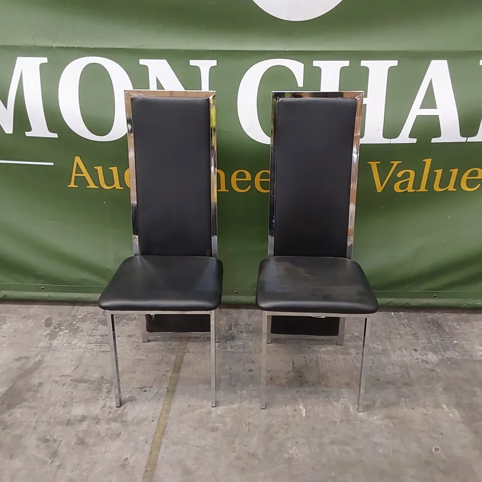 SET OF 2 CELESTE BLACK LEATHER AND CHROME DINING CHAIRS 