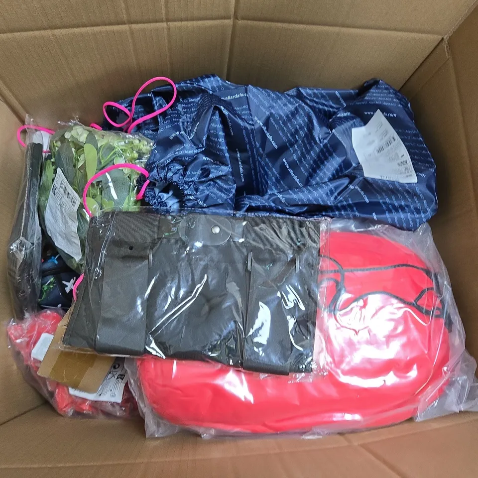 BOX OF APPROXIMATELY 20 ASSORTED HOUSEHOLD ITEMS TO INCLUDE A NECK PILLOW, FLEECE BLANKET AND A TECH TRAVEL CASE