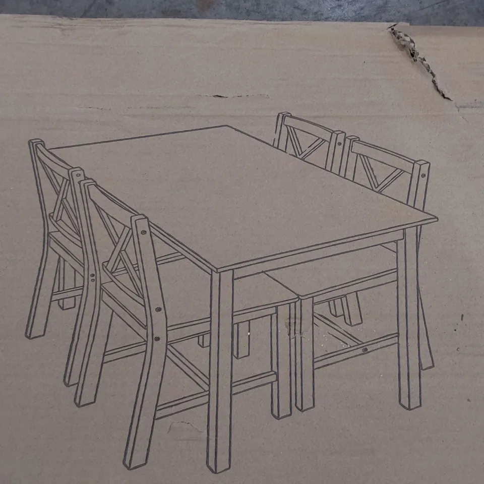 BOXED PINE DINING SET TABLE & 4 CHAIRS X SHAPE WHITE/BROWN