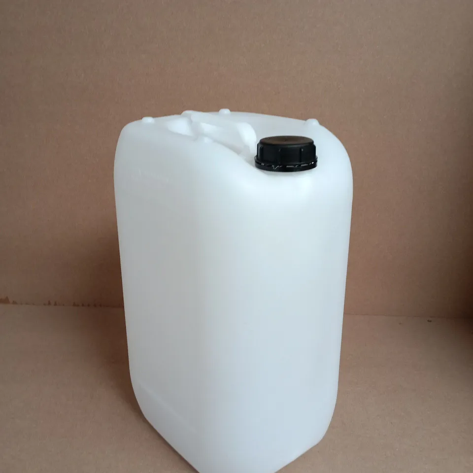 WHITE PLASTIC JERRY CAN WITH BLACK SCREW CAP