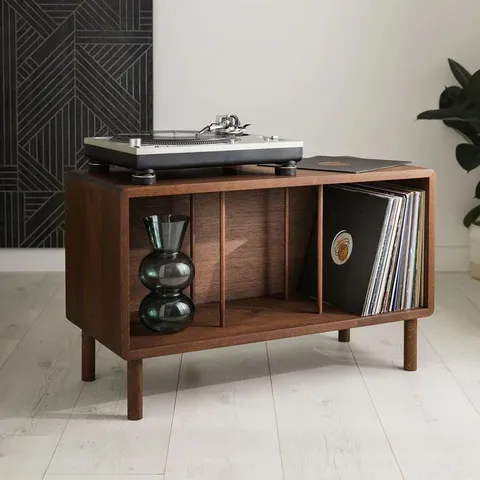 BOXED CLAREMONT' DARK WALNUT STAINED SOLID OAK RECORD PLAYER STAND WITH OAK DIVIDERS AND ROUNDED EDGES