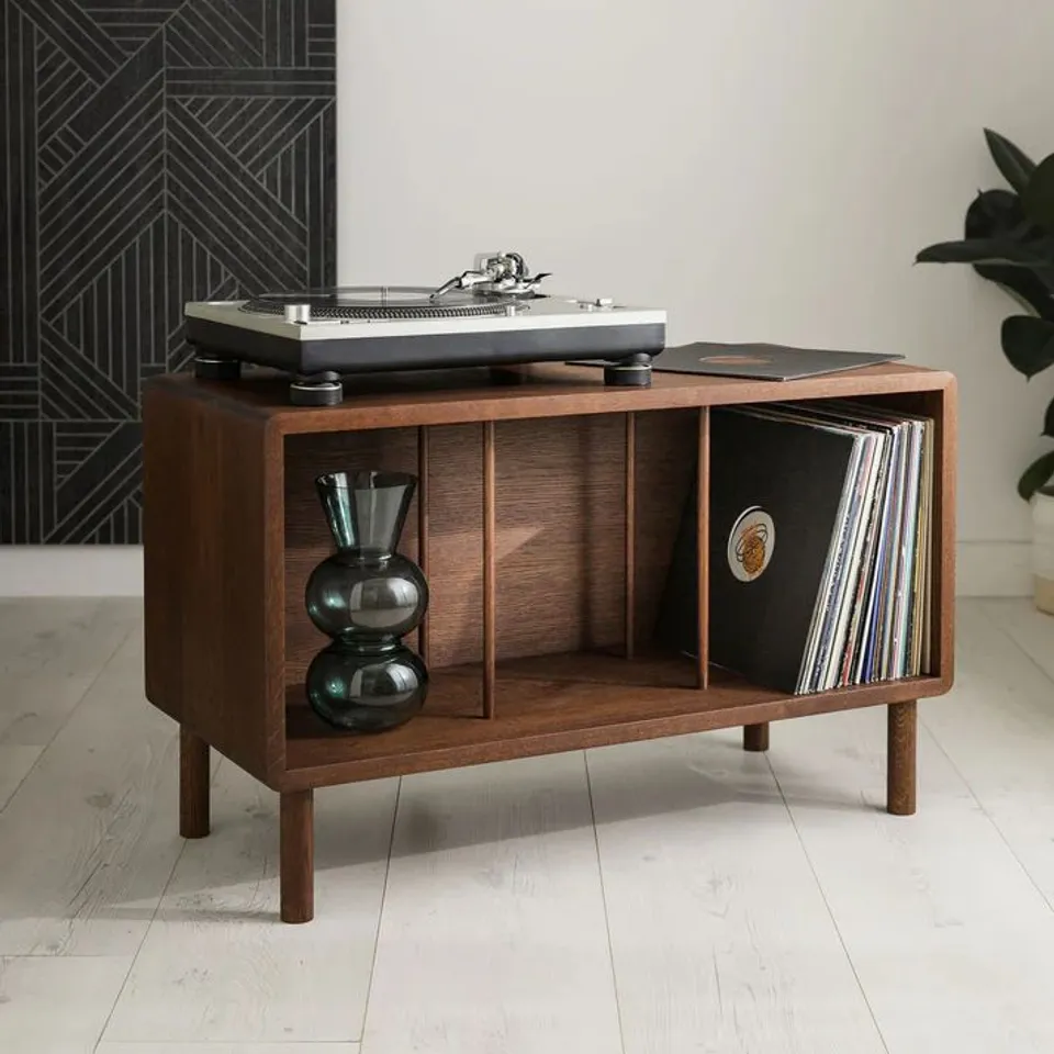 BOXED CLAREMONT' DARK WALNUT STAINED SOLID OAK RECORD PLAYER STAND WITH OAK DIVIDERS AND ROUNDED EDGES