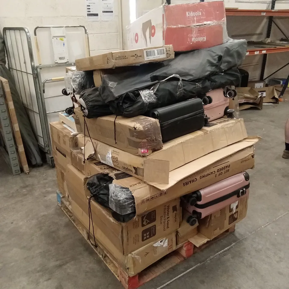 PALLET OF ASSORTED HOUSEHOLD GOODS AND PRODUCTS TO INCLUDE; AIR FRYER, CAMPING CHAIRS, SUITCASE, AIR COOLER ETC