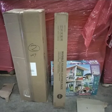 PALLET OF ASSORTED PRODUCTS AND HOUSEHOLD GOODS TO INCLUDE;GARDEN STRIMMER,FOLDING CLOTHES RACK,KIDS PLAYHOUSE
