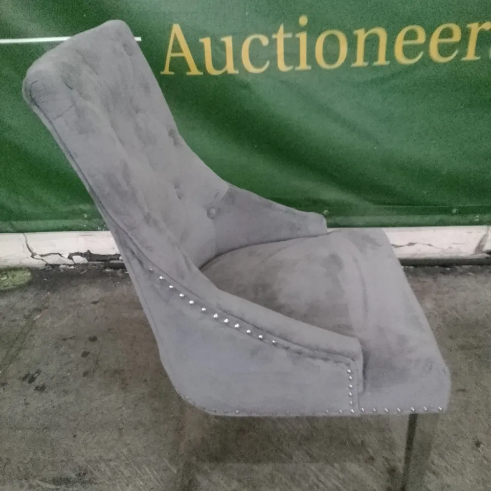 IMPERIAL GREY VELVET BUTTON BACK DINING CHAIR WITH CHROME LEGS