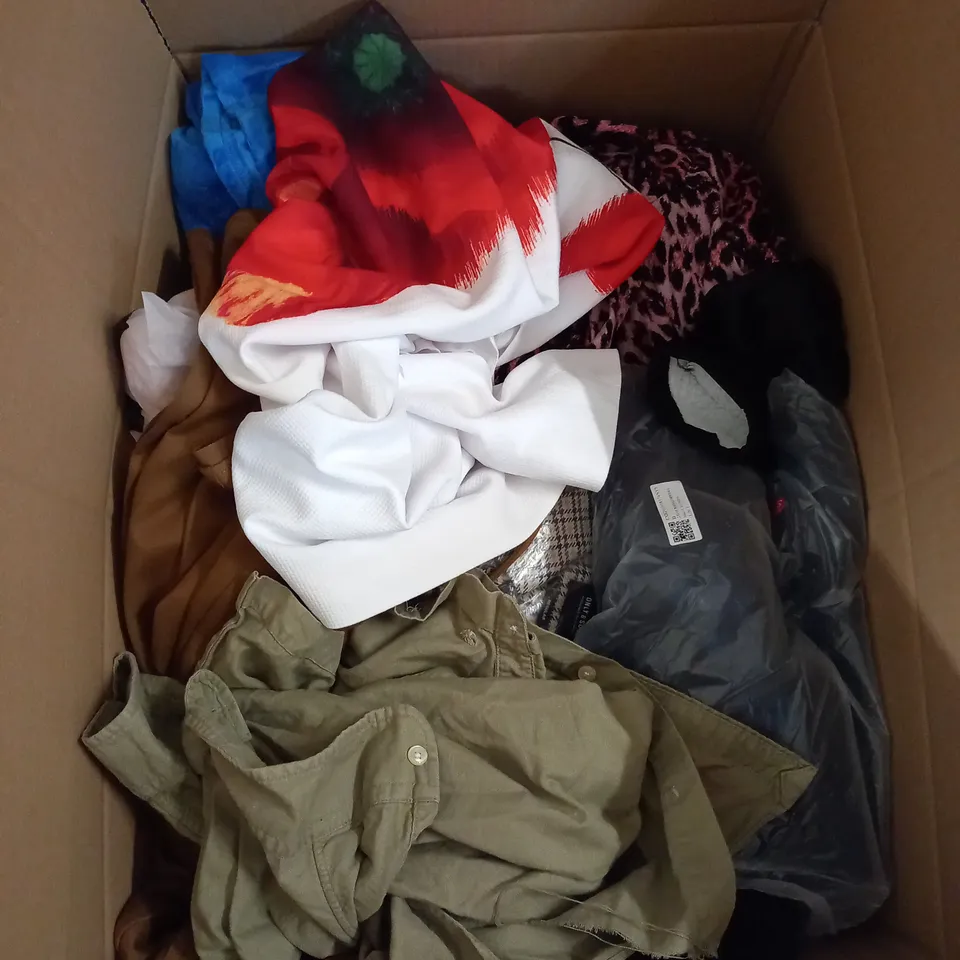 BOX OF ASSORTED CLOTHING ITEMS TOO INCLUDE JUMPERS, SHIRTS AND TROUSERS IN VARIOUS SIZES AND COLOURS   