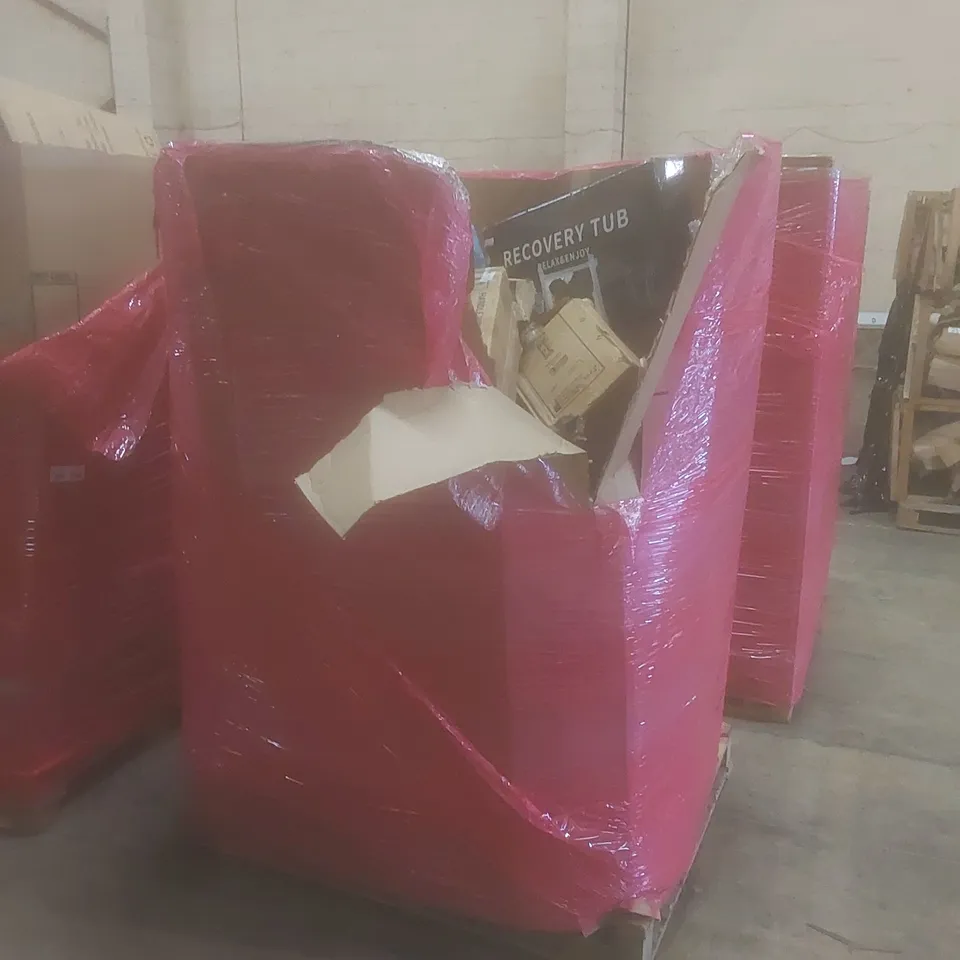 PALLET OF ASSORTED HOUSEHOLD ITEMS AND CONSUMER PRODUCTS TO INCLUDE; TOILET SEATS AND FRAME, RECOVERY TUB, BOXED FURNITURE ETC 