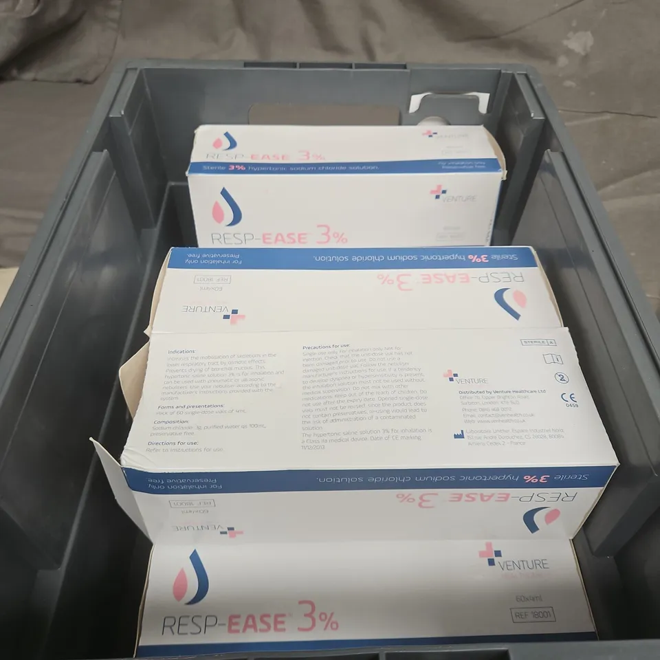 TOTE OF APPROXIMATELY 9 PACKS OF RESP-EASE 3% STERILE HYPERTONIC SODIUM CHLORIDE SOLUTION – 60 ML BOX (VENTURE HEALTHCARE) 