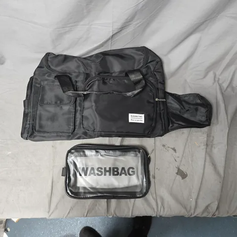 Black multi-pocket utility bag with wash bag