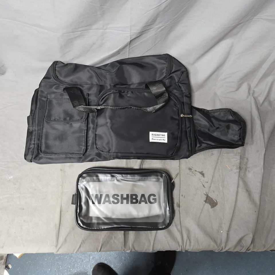 Black multi-pocket utility bag with wash bag