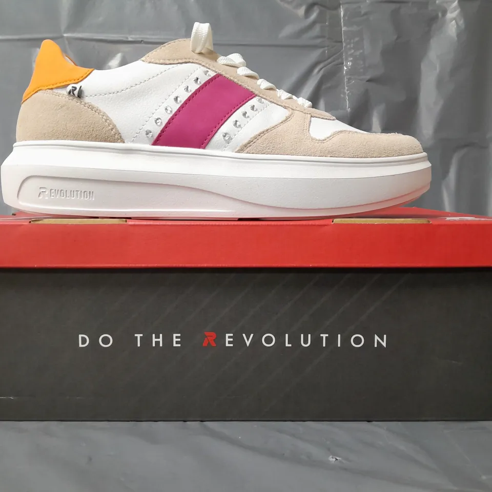 BOXED PAIR OF RIEKER REVOLUTION TRAINERS IN WHITE/PURPLE/SAND/ORANGE W. JEWEL EFFECT SIZE 6