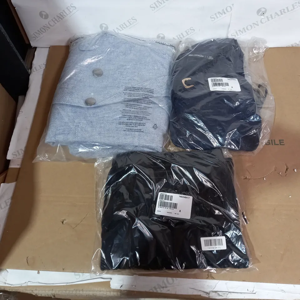 BOX OF APPROXIMATELY 40 ASSORTED DESIGNER CLOTHING ITEMS TO INCLUDE DESIGNER NAVY DRESS, DESIGNER BLACK SWEATER, HELENE BERMAN BLAZER ETC
