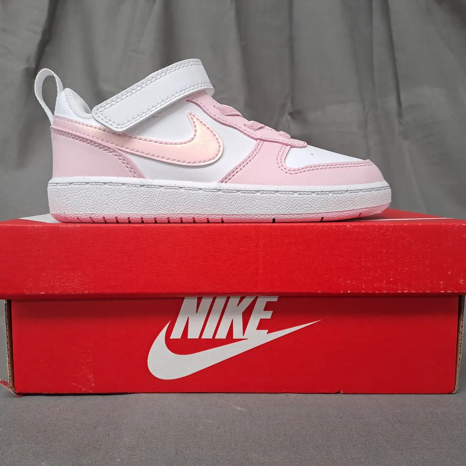 BOXED PAIR OF NIKE COURT BOROUGH LOW RECRAFT KIDS SHOES IN WHITE/PINK UK SIZE 9.5