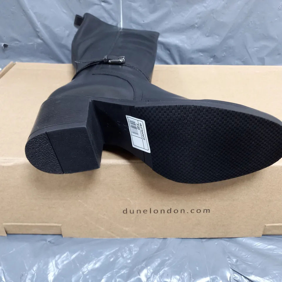 BOXED PAIR OF DUNE BLACK LEATHER BUCKLE HEELED HIGH LEG BOOTS SIZE 7