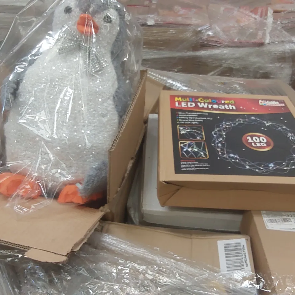 PALLET CONTAINING A VERY LARGE QUANTITY OF ASSORTED ITEMS INCLUDING: LIGHT UP CHRISTMAS PARCELS, ARTIFICIAL CHRISTMAS TREES, LIGHT UP PENGUIN, LED WREATHS ECT