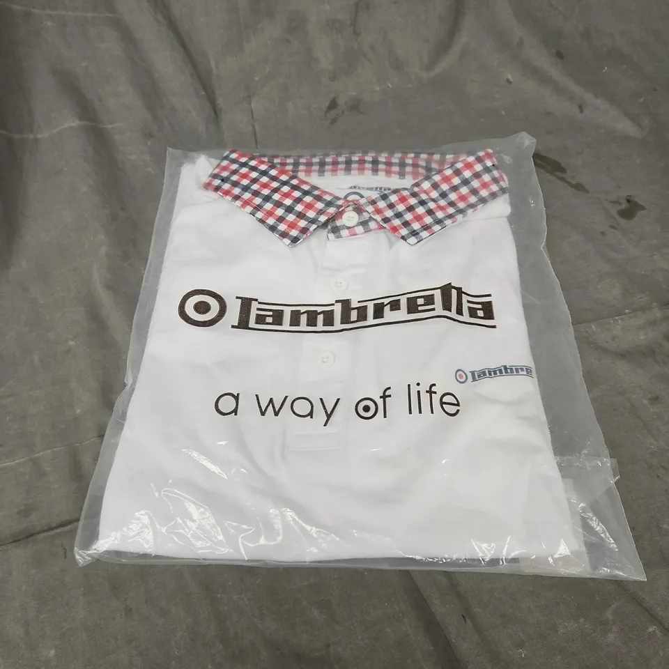 LAMBRETTA GINGHAM COLLAR POLO SHIRT – WHITE, SIZE XL