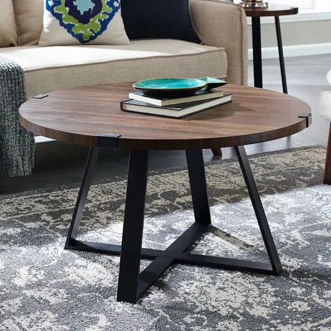 BOXED IRVINE CROSS LEGS COFFEE TABLE 30" METAL WRAP ROUND DARK WALNUT