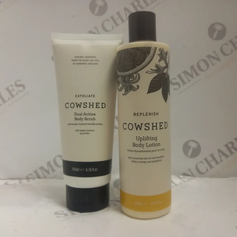 BOX OF 2 COWSHED PRODUCTS TO INCLUDE EXFOLIATE DUAL ACTION BODY SCRUB 200ML & UPLIFTING BODY LOTION 300ML 