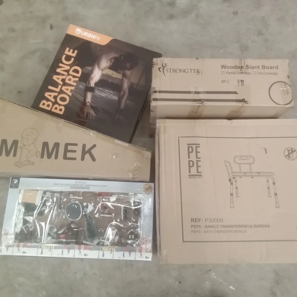 PALLET OF ASSORTED ITEMS INCLUDING IMMEK SCOOTER, PEPE BATH TRANSFER BENCH, WOODEN SLANT BOARD, BALANCE BOARD, MINI VILLAGE LIGHT-UP CHRISTMAS SCENE