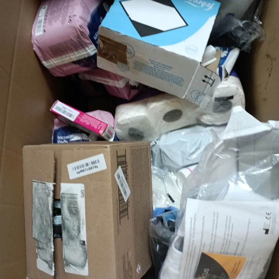 BOX OF APPROXIMATELY 15 ASSORTED ITEMS INCLUDING NIZORAL SHAMPOO , ANDREX TOILET ROLL AND FEBREEZE PLUG IN REFILL