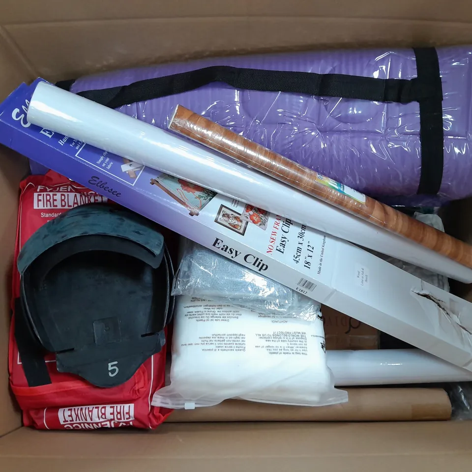 APROXIMATELY 10 ASSORTED HOUSEHOLD ITEMS TO INCLUDE YOGA MATS , WALLPAPER , FIRE BLANKETS , ETC 