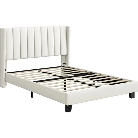BOXED UPHOLSTERED DOUBLE BED FRAME WITH CHANNEL TUFTED HEADBOARD - LIGHT GREY (2 BOXES)