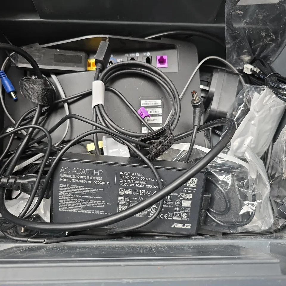 LOT OF ASSORTED TECH ITEMS TO INCLUDE SKY ROUTER, REMOTES AND ETHERNET CABLES