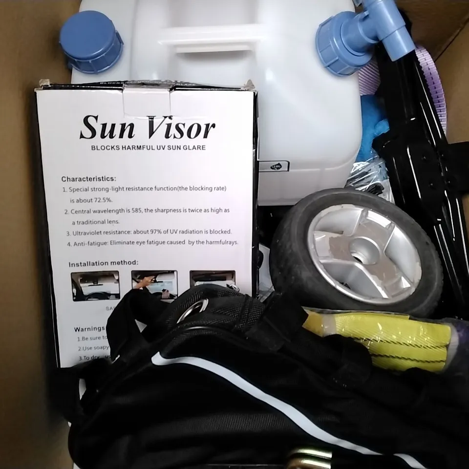 APPROXIMATELY 15 ASSORTED ITEMS TO INCLUDE SCISSOR WHEEL JACK, SUN VISOR, REUSABLE DEHUMIDIFIER